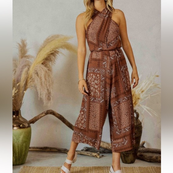 Endless Blue New nwt Brown Patterned Jumpsuit sz S cross cross - Picture 3 of 5